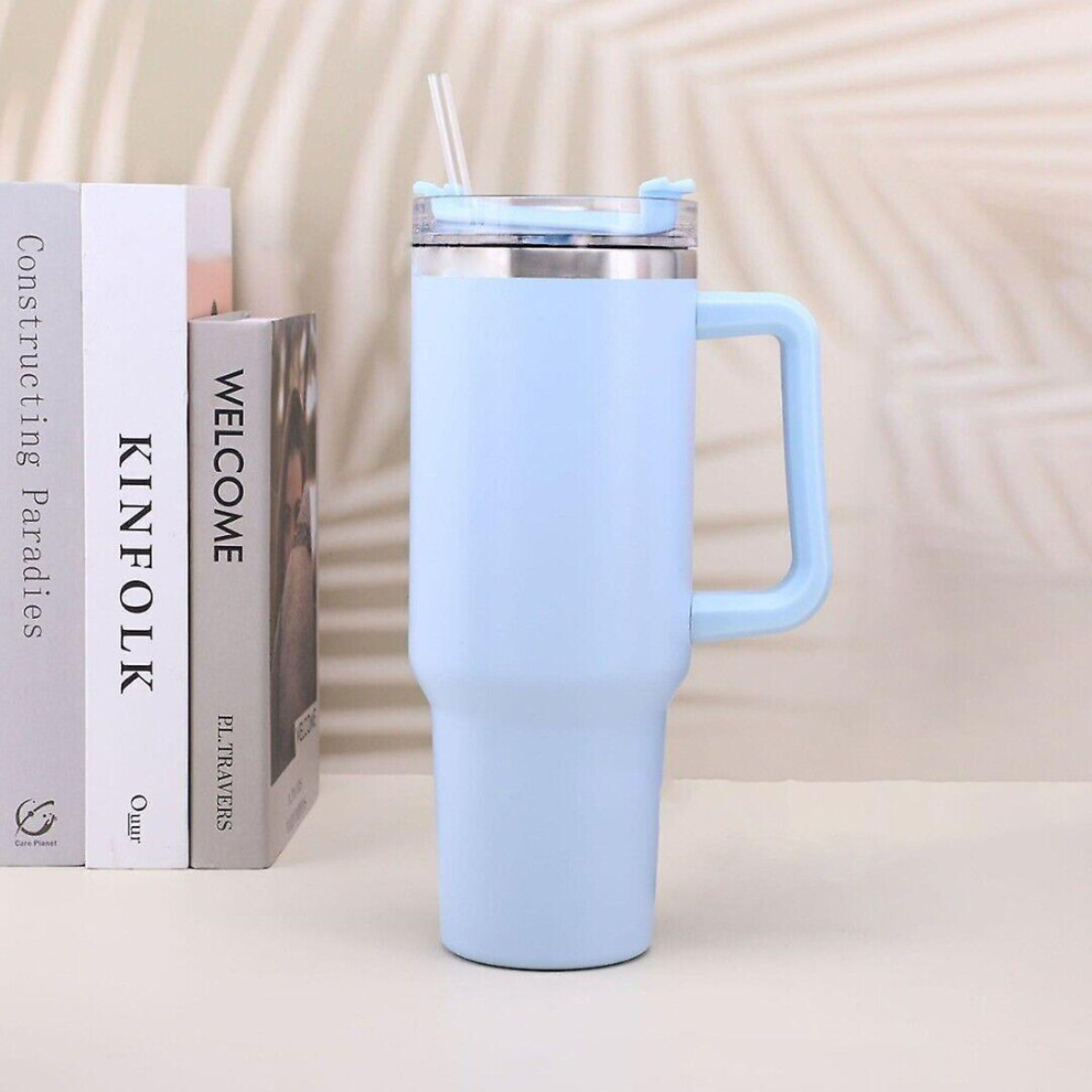 (Blue) 40 Oz Tumbler Straw Lid Insulated Stainless Steel Water Bottle Coffee Mug Travel