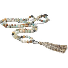 -108 Mala Beads Necklace Semi-precious Gem Stones Meditation Necklace 108 Hand Knotted Japa Mala Beaded Tassel Necklace With Tree Of Life Pendant