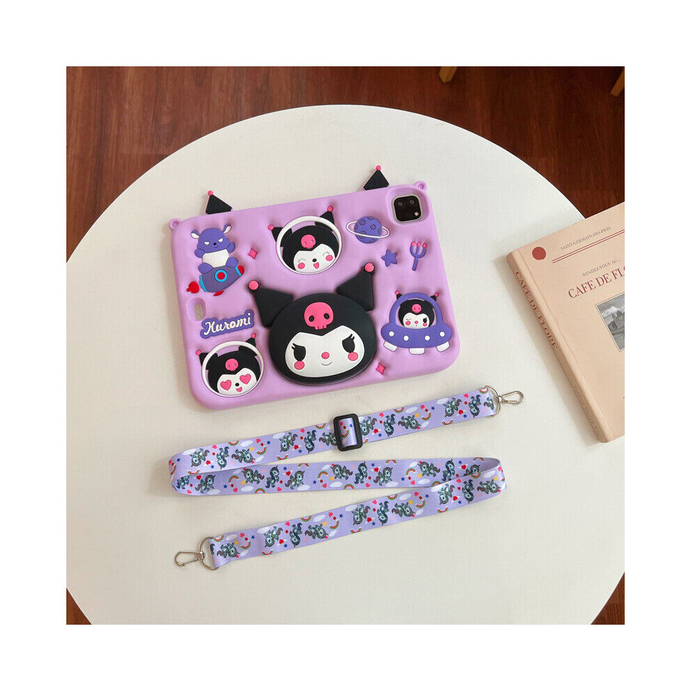 (Kuromi with Strap, For iPad 5/6th Gen (9.7'')) Shockproof Kitty Kuromi Silicone Case Cover For iPad 7/8/9/10th Air With Straps