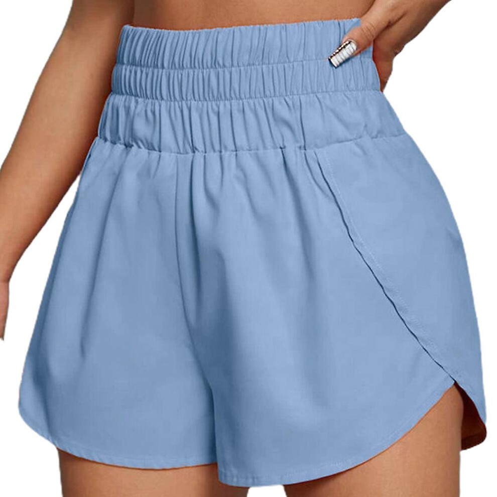 (Blue, M) Women High Waist Elastic Loose Shorts Sports
