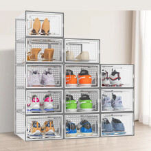 (Grey) Neo 12 pcs Large Shoe Storage Box Boxes Transparent Clear Plastic Stackable Organiser Containers with Lids for Women/Men Magnetic Closure
