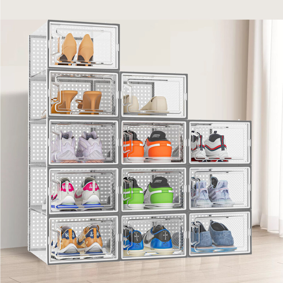 (Grey) Neo 12 Pcs Large Shoe Storage Box Boxes Transparent Clear Plastic Stackable Organiser Containers With Lids For Women/Men Magnetic Closure