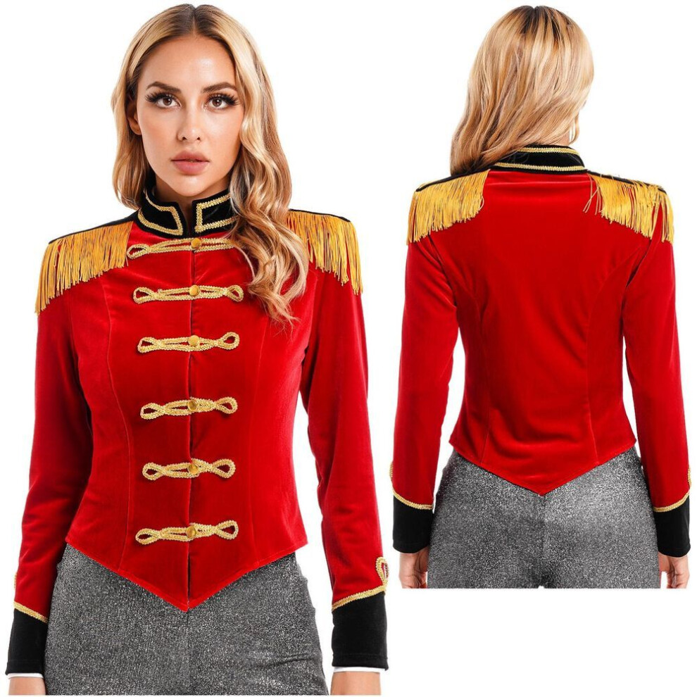 (red, XL) Women Circus Ringmaster Cosplay Costume Halloween Theme Party Long Sleeve Stand Collar Fringed Shoulder Board Velvet Jacket Coat