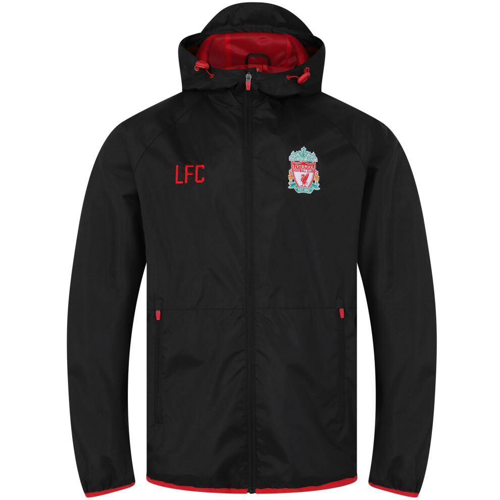 (Black Peak Hood, Medium) Liverpool FC Official Football Gift Mens Shower Jacket Windbreaker