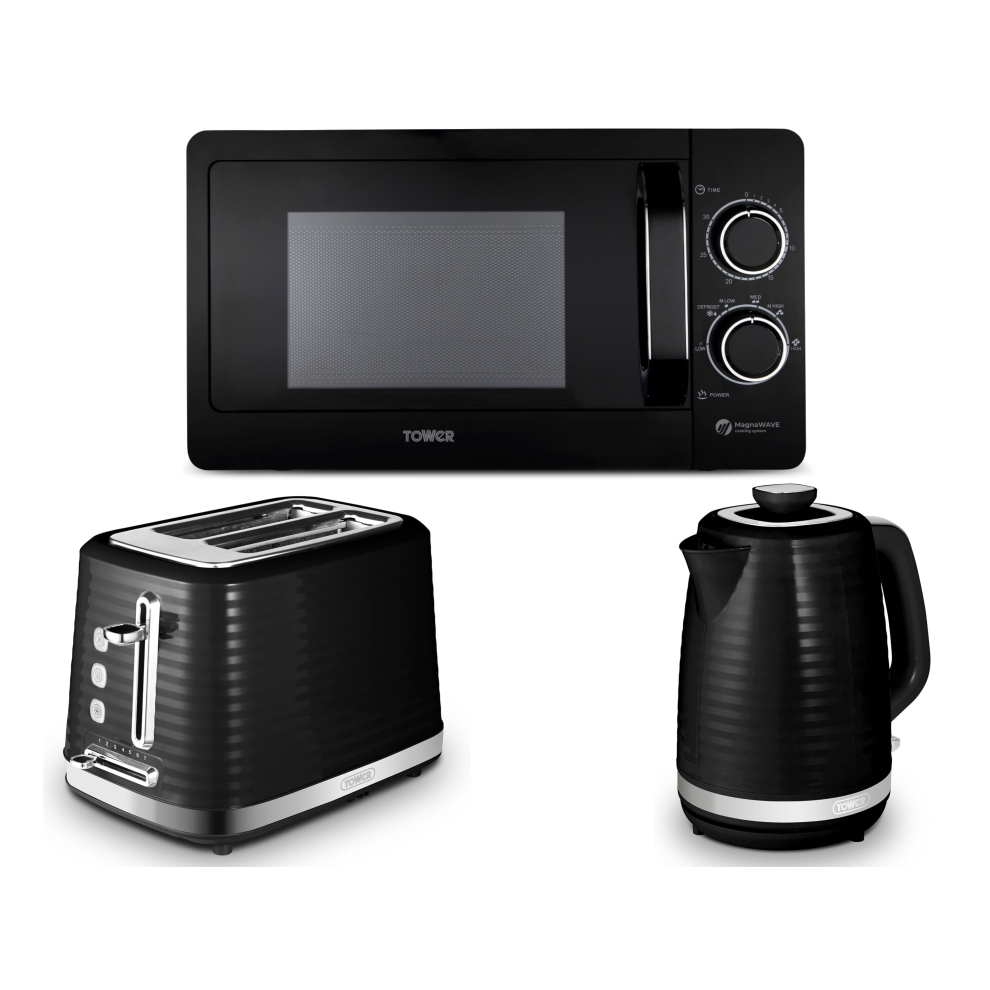Tower Saturn Black Kettle, 2 Slice Toaster & 800W Microwave Set