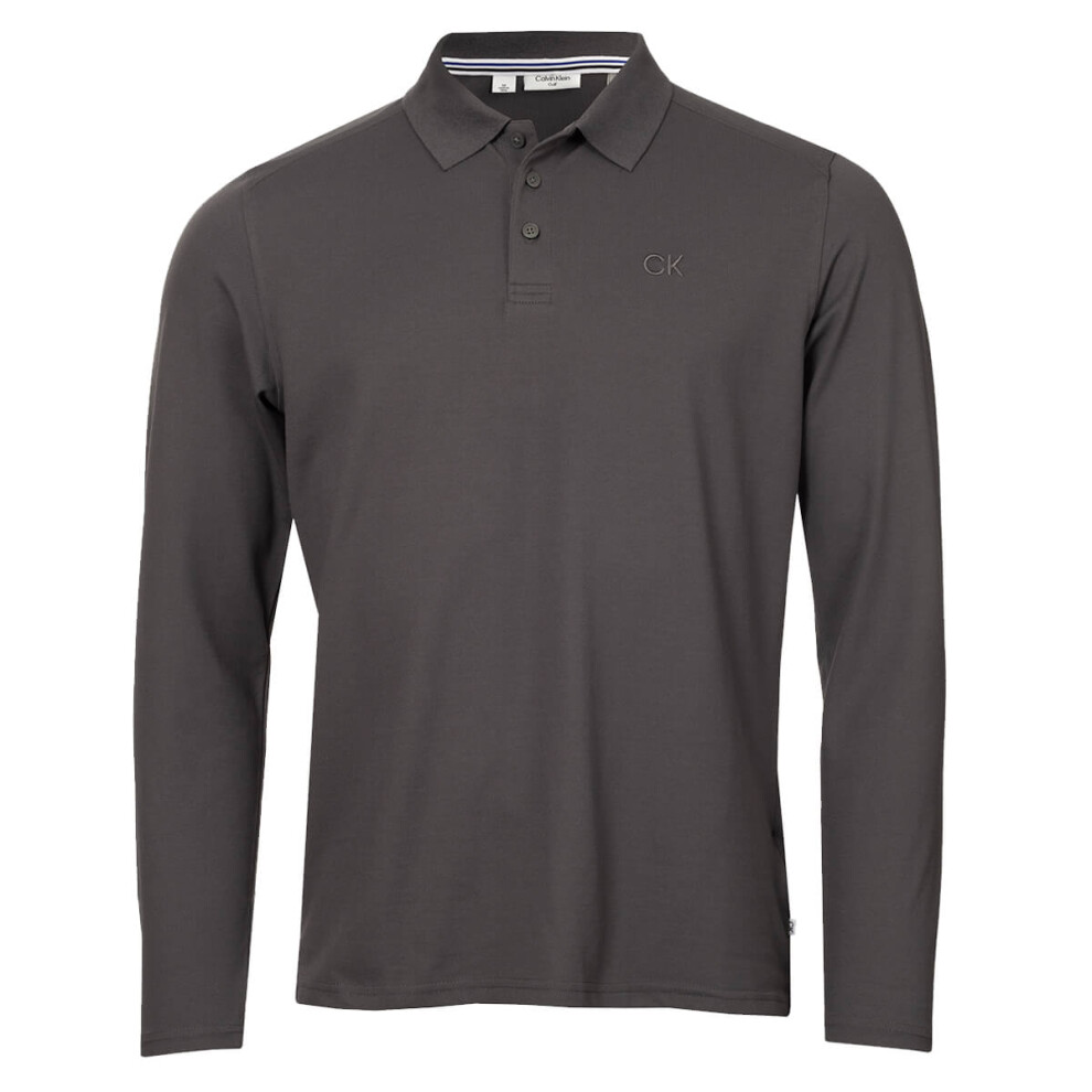 (S, Charcoal) Calvin Klein Mens 2025 Long Sleeve Stretch Campus Golf Polo Shirt