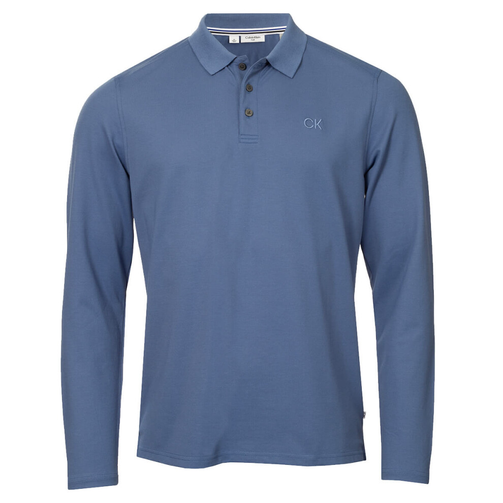 (XXL, Denim Blue) Calvin Klein Mens 2025 Long Sleeve Stretch Campus Golf Polo Shirt