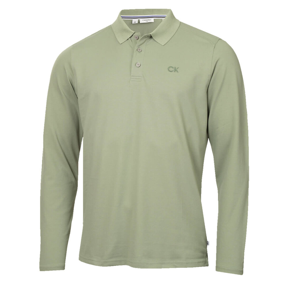 (S, Sage) Calvin Klein Mens 2025 Long Sleeve Stretch Campus Golf Polo Shirt