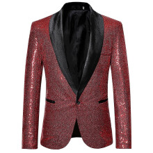 (Wine Red, L) Men's Fashion Sequin Casual Blazer Wediing Celebration Suit Jacket