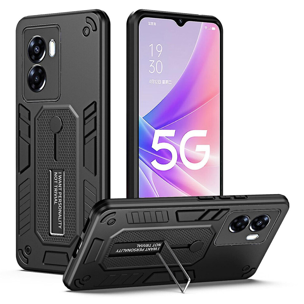 (Black) For Oppo A57 4G / A57s 4G / A77 4G / A77s 4G / A57e 4G Hidden Kickstand Phone Case Pc Tpu Shockproof Back Cover Black 9372166671358