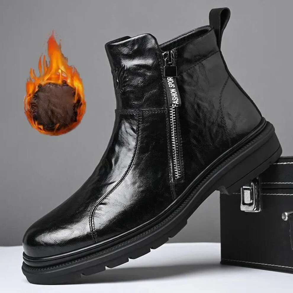 (as the picture, 41) Men&apos;s Winter Warm Snow Boots Fleece Lined Motorcycle Boots With Fur Lined Casual Leather Anti-slip High-top Ankle Booties With Zipper