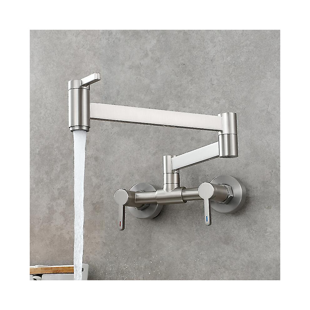 (Brushed Nickle) Brass Double Handle Wall Mounted Gold Kitchen Pot Filler Folding Faucet Joint Swing Arm Sink Tap