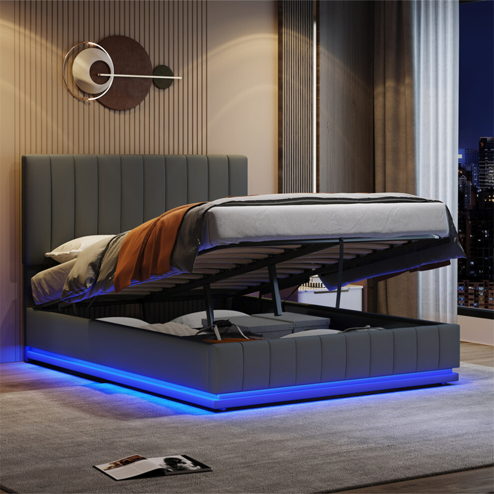 Abrihome (Grey ) Ottoman 5Ft King Bed With Led Lighting, Pu Leather