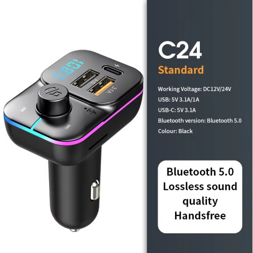 (C24-Black) Bluetooth 5.0 FM Transmitter Handsfree Car Radio Modulator MP3 Player With 22.5W USB Super Quick Charge Adapter for Car