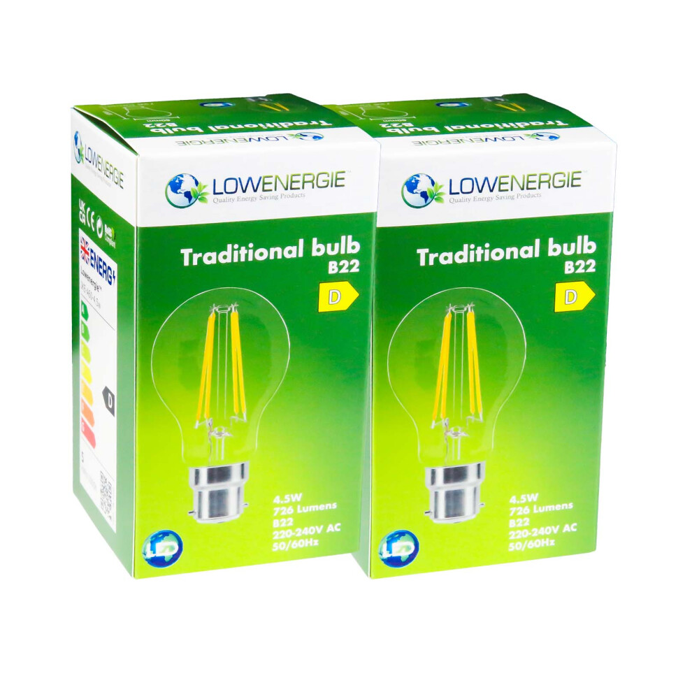(2 Pack) LED Filament Light Bulb A60 GLS Traditional Bulb B22 Bayonet 4.5w equiv brightness 60w Warm White 2700K Energy Saving