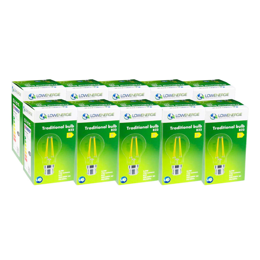 (10 Pack) LED Filament Light Bulb A60 GLS Traditional Bulb B22 Bayonet 4.5w equiv brightness 60w Warm White 2700K Energy Saving