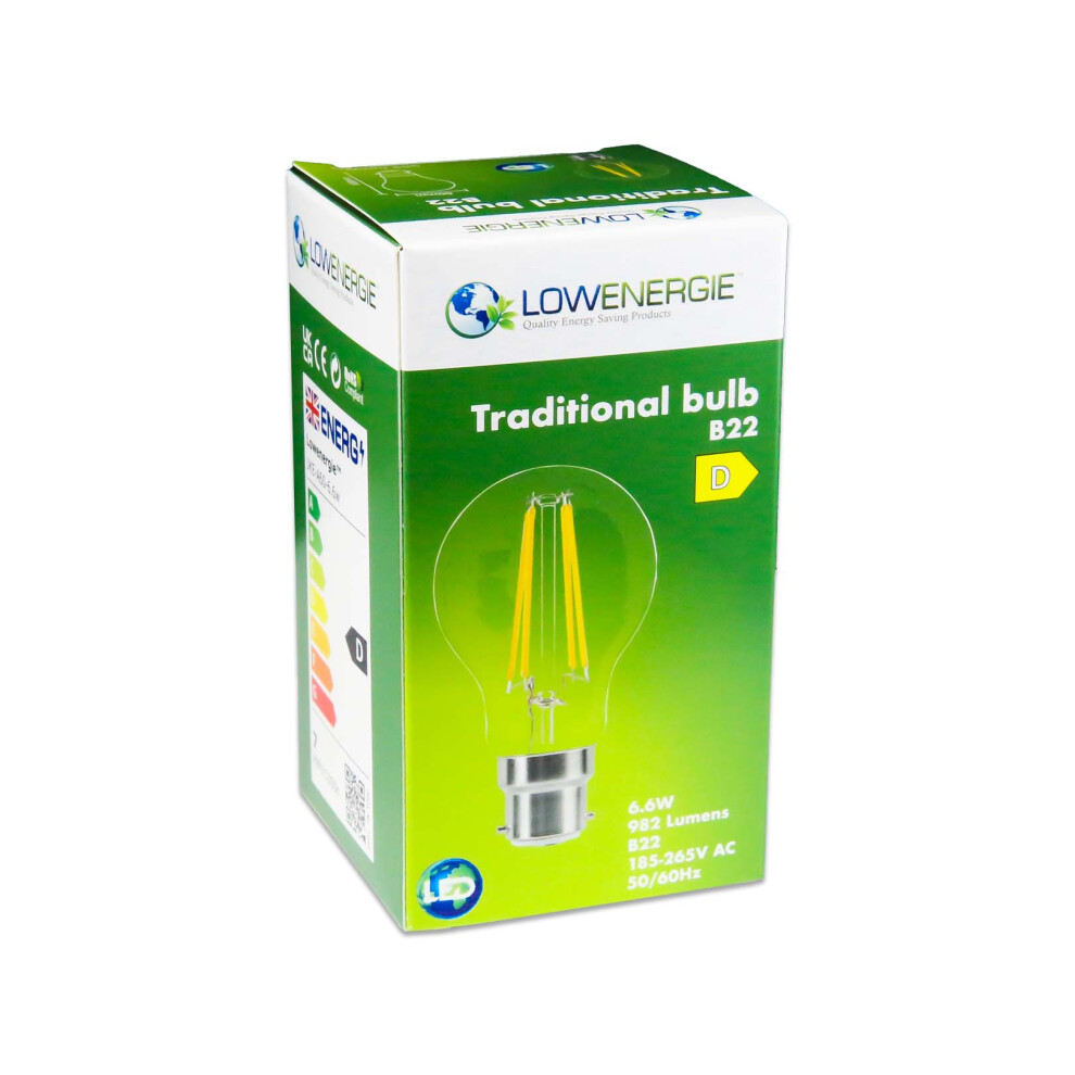 (1 Pack) LED Filament Light Bulb A60 GLS Traditional Bulb B22 Bayonet 6.6w equiv brightness 100w Warm White 2700K Energy Saving
