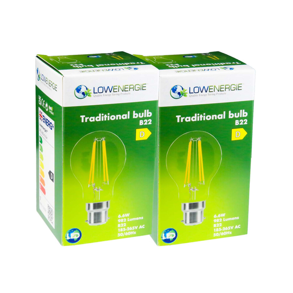 (2 Pack) LED Filament Light Bulb A60 GLS Traditional Bulb B22 Bayonet 6.6w equiv brightness 100w Warm White 2700K Energy Saving