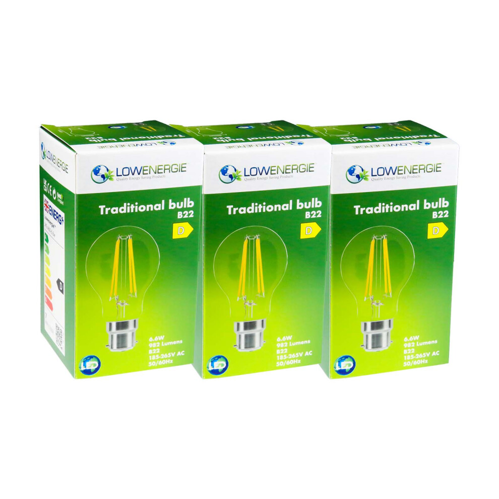 (3 Pack) LED Filament Light Bulb A60 GLS Traditional Bulb B22 Bayonet 6.6w equiv brightness 100w Warm White 2700K Energy Saving