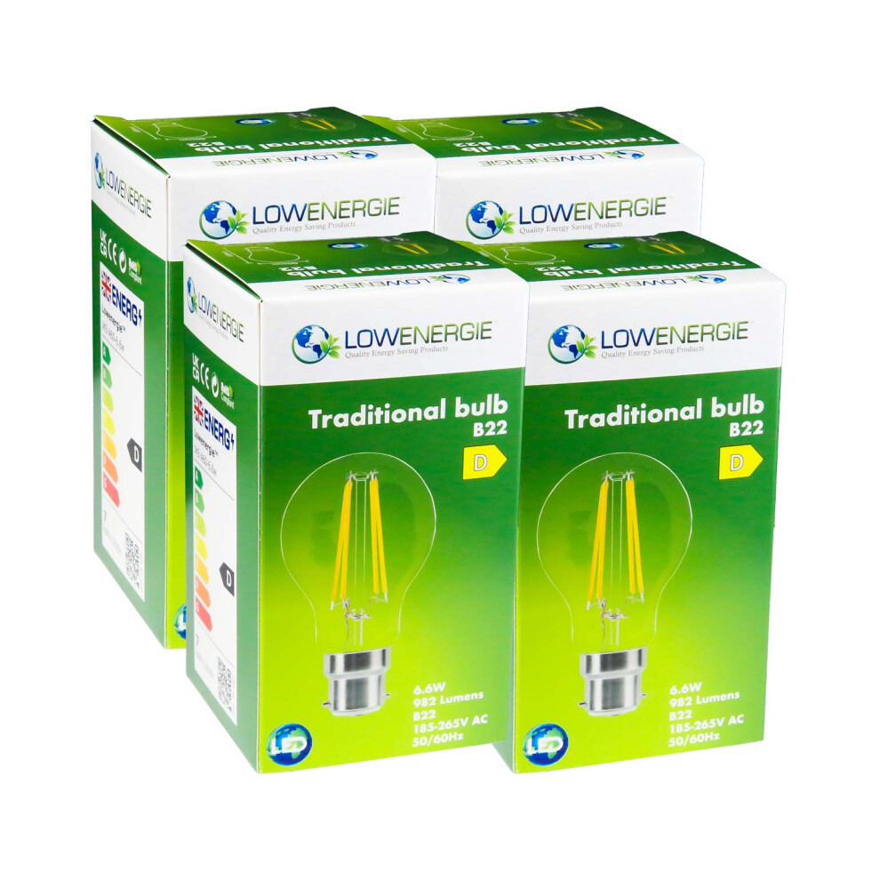 (4 Pack) LED Filament Light Bulb A60 GLS Traditional Bulb B22 Bayonet 6.6w equiv brightness 100w Warm White 2700K Energy Saving