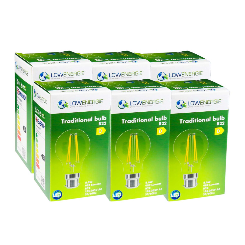 (6 Pack) LED Filament Light Bulb A60 GLS Traditional Bulb B22 Bayonet 6.6w equiv brightness 100w Warm White 2700K Energy Saving