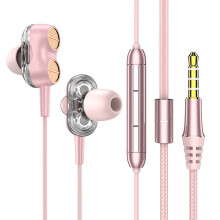 (Pink) Wired Earphone Dual Dynamic 7.1 Surround Sound Bass Noise Reduction In-Ear Earbuds 3.5MM Sports Music Gaming Headphones with Mic