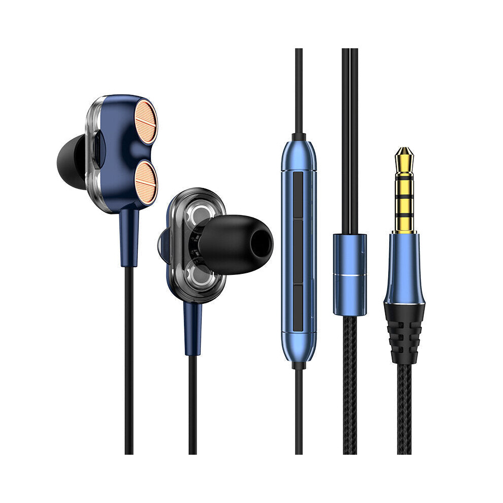 (Blue) Wired Earphone Dual Dynamic 7.1 Surround Sound Bass Noise Reduction In-Ear Earbuds 3.5MM Sports Music Gaming Headphones With Mic