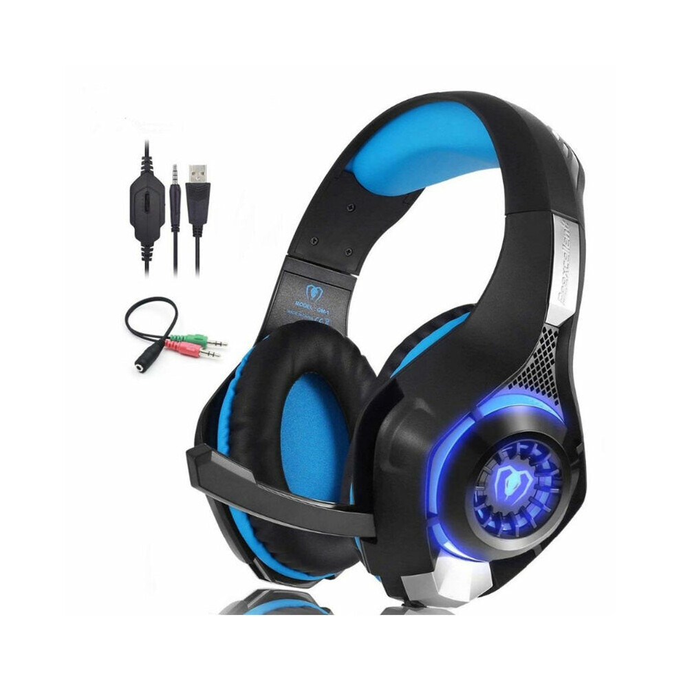 (Blue) Stereo Gaming Headset Casque Deep Bass Stereo Game Headphone With Mic LED Light For PS4 Phone PC Laptop Gamer