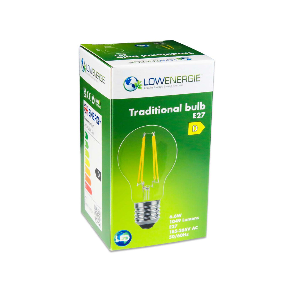(1 Pack) LED Filament Light Bulb A60 GLS Traditional Bulb E27 Screw 6.6w equiv brightness 100w Warm White 2700K Energy Saving