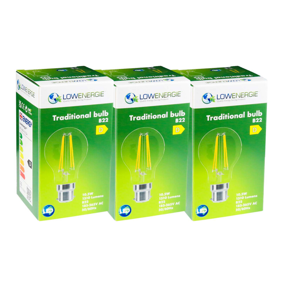 (3 Pack) LED Filament Light Bulb A60 GLS Traditional Bulb B22 Bayonet 10.5w equiv brightness 150w Warm White 2700K Energy Saving