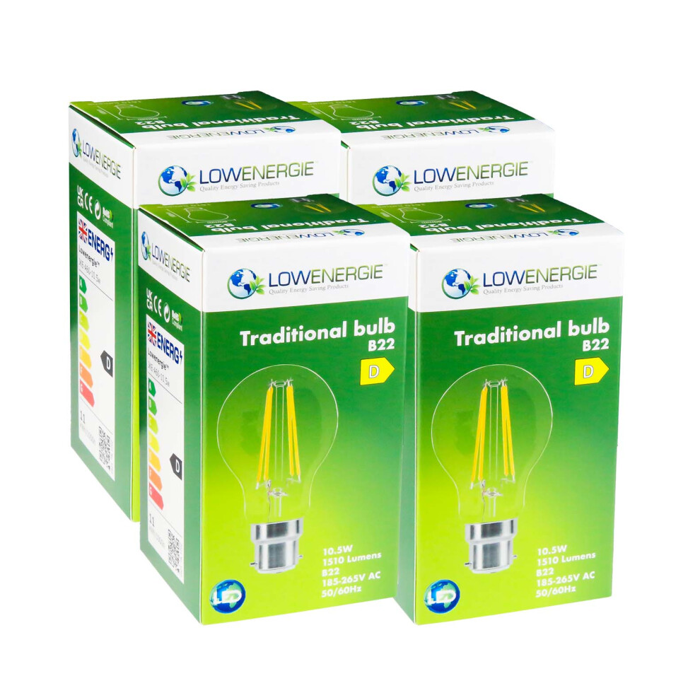 (4 Pack) LED Filament Light Bulb A60 GLS Traditional Bulb B22 Bayonet 10.5w equiv brightness 150w Warm White 2700K Energy Saving