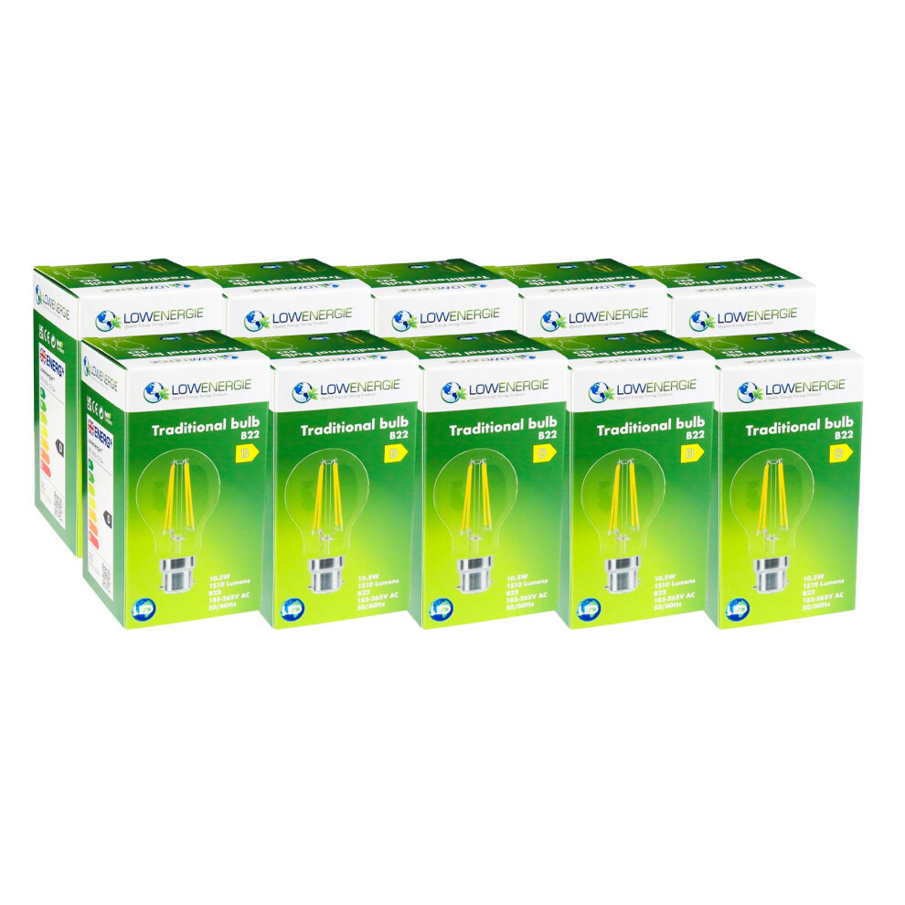 (10 Pack) LED Filament Light Bulb A60 GLS Traditional Bulb B22 Bayonet 10.5w equiv brightness 150w Warm White 2700K Energy Saving