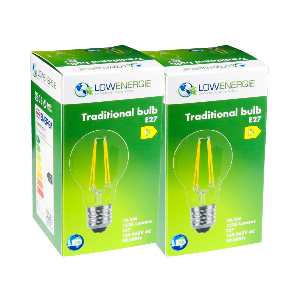 (2 Pack) LED Filament Light Bulb A60 GLS Traditional Bulb E27 Screw 10.5w equiv brightness 150w Warm White 2700K Energy Saving