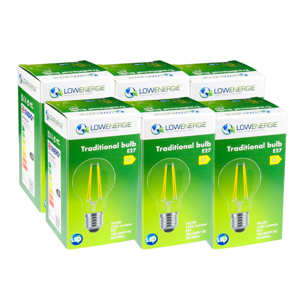 (6 Pack) LED Filament Light Bulb A60 GLS Traditional Bulb E27 Screw 10.5w equiv brightness 150w Warm White 2700K Energy Saving