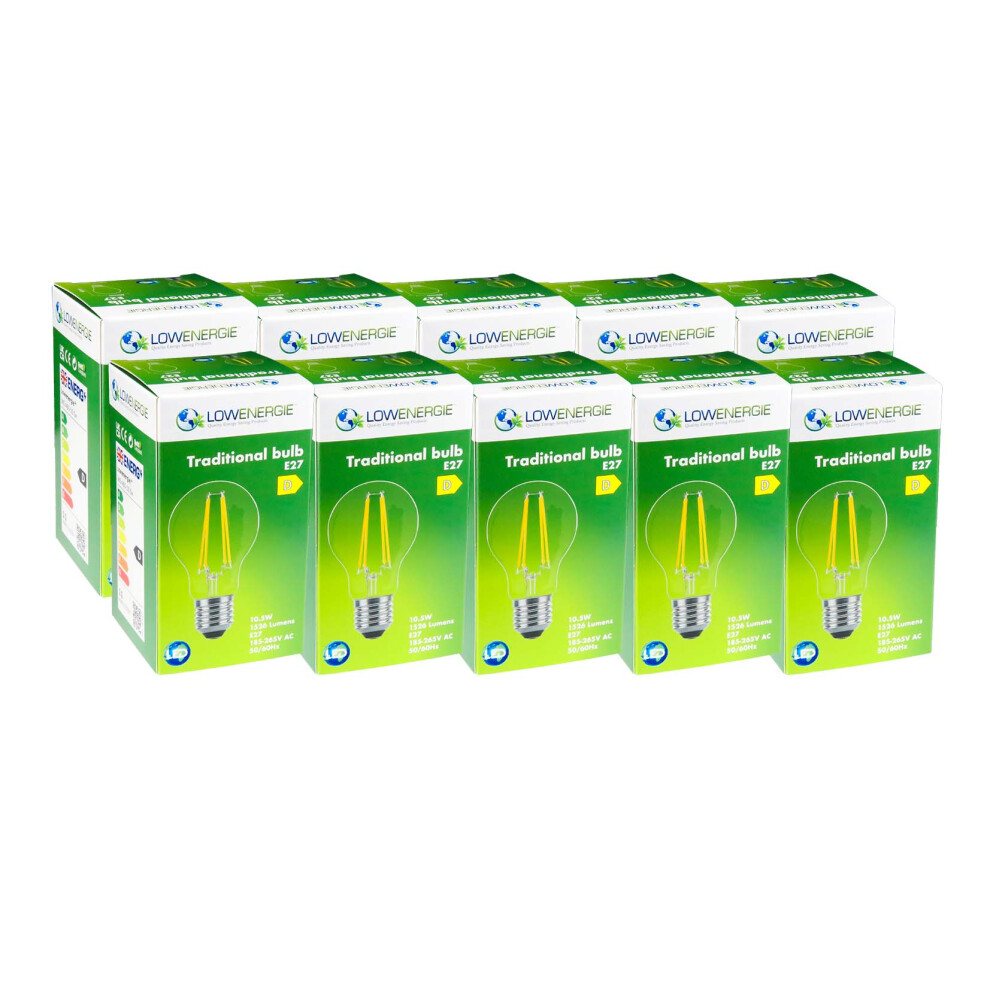 (10 Pack) LED Filament Light Bulb A60 GLS Traditional Bulb E27 Screw 10.5w equiv brightness 150w Warm White 2700K Energy Saving