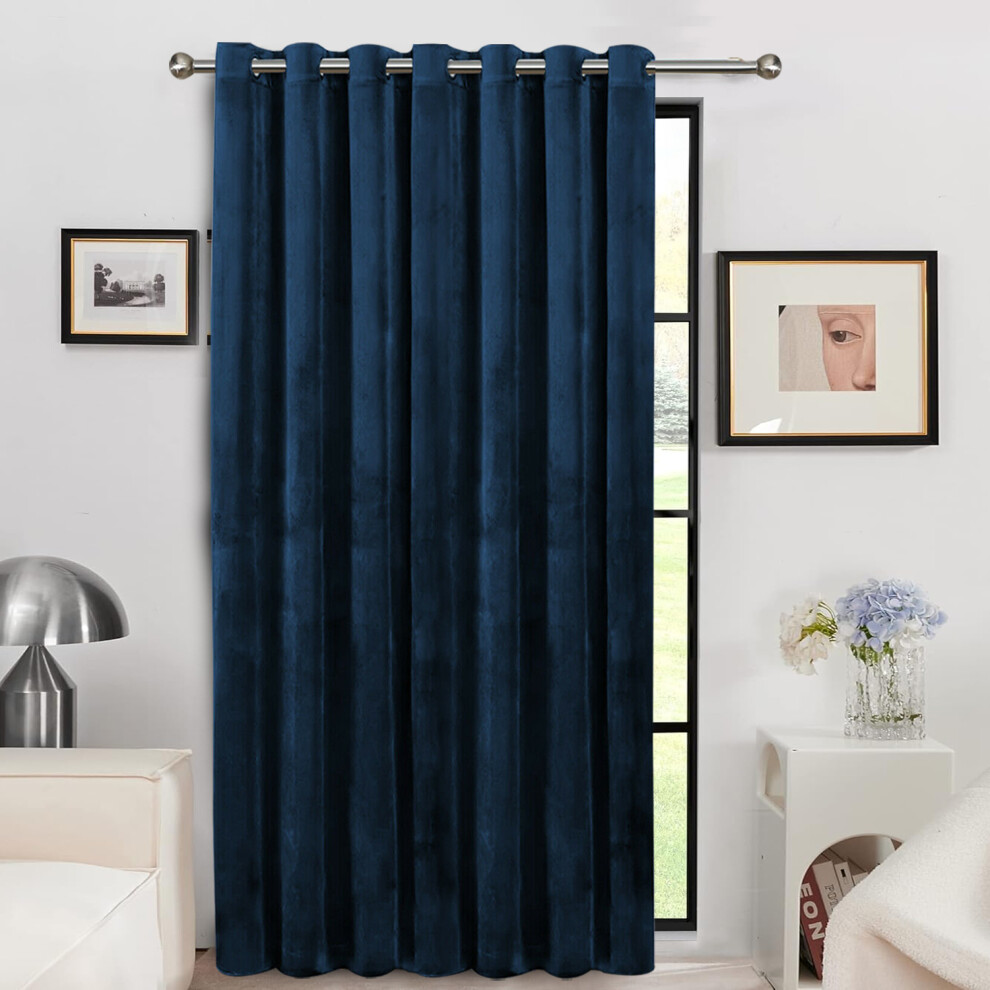 (Blue, 66" X 84" (167cm X 213cm)- Door Curtain Single Panel) Velvet Curtains Eyelet Ring Top Ready Made Lined Pair Panel