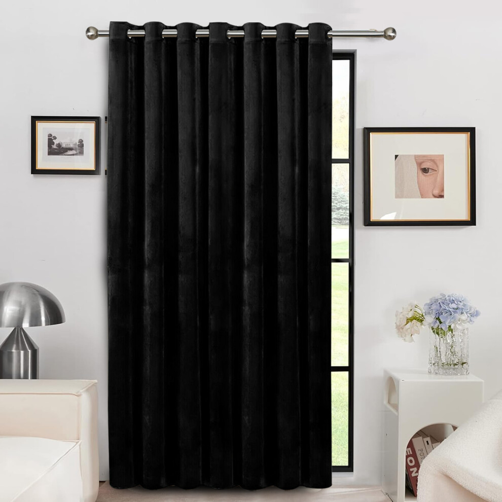 (Black, 66" X 84" (167cm X 213cm)- Door Curtain Single Panel) Velvet Curtains Eyelet Ring Top Ready Made Lined Pair Panel