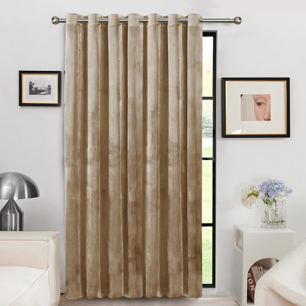 (Beige, 66" X 84" (167cm X 213cm)- Door Curtain Single Panel) Velvet Curtains Eyelet Ring Top Ready Made Lined Pair Panel