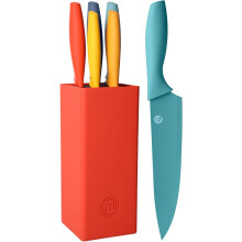 Knife Set with Block, 5 Kitchen Knives with Sharp Stainless Steel Blades (Chef, Paring, Utility, Carving, Bread) Soft Touch Easy Grip Handles &