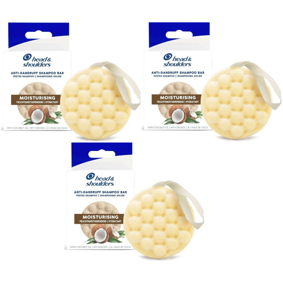 3 x Head & Shoulders Anti-Dandruff Solid Shampoo Bar, Moisturising, With Coconut Oil, 70g