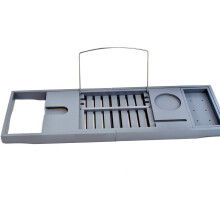MantraRaj Extendable Bamboo Bath Caddy Tray with Tablet & Phone Slots, Candle & Mug Holder, Grey