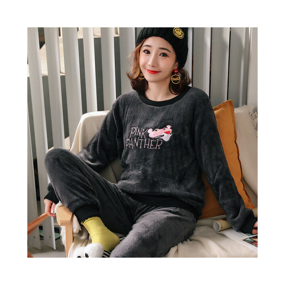 (Black Pink, L) Women's Coral Fleece Pyjamas Soft Fluffy Twosie Pyjama Set Ladies Pjs Loungewear