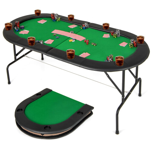 Costway 8 Players Poker Table Folding Cardboard Game Table w/8 Cup Holders-Green