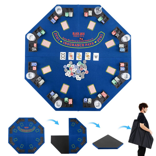 Costway 120cm 8-Player Foldable Poker Table Top w/Carrying Bag&Cup Holders-Blue