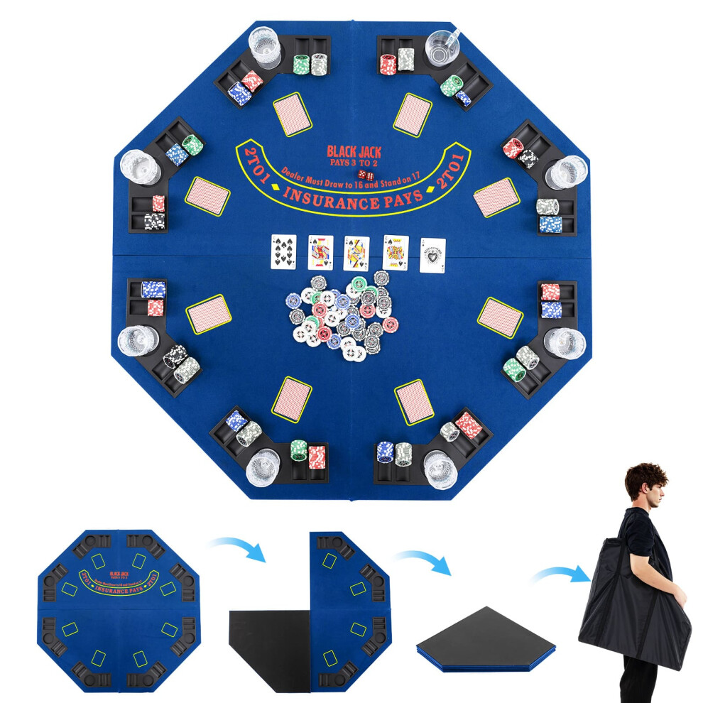 120cm 8-Player Foldable Poker Table Top w/Carrying Bag&Cup Holders-Blue