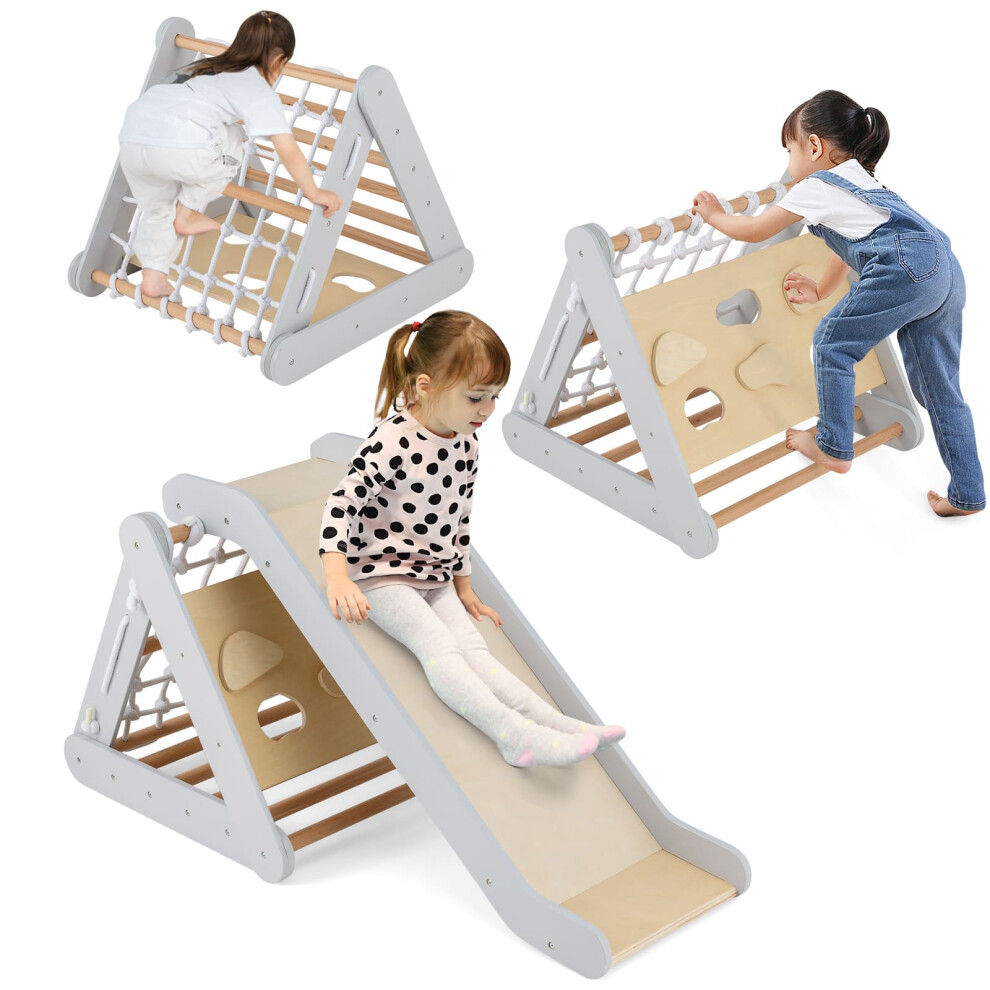 Indoor Wooden Triangle Climber 4 In 1 Toddler Climbing Toys w/Ramp Grey