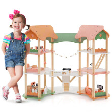 Multi-Layer Wooden Dollhouse Versatile Kids Playhouse Toy-Pink