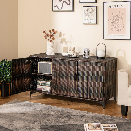 Costway 318 L Patio Wicker Storage Cabinet Deck Box w/Shelves-Coffee 2