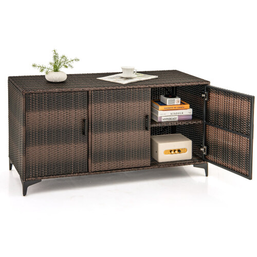 Costway 318 L Patio Wicker Storage Cabinet Deck Box w/Shelves-Coffee