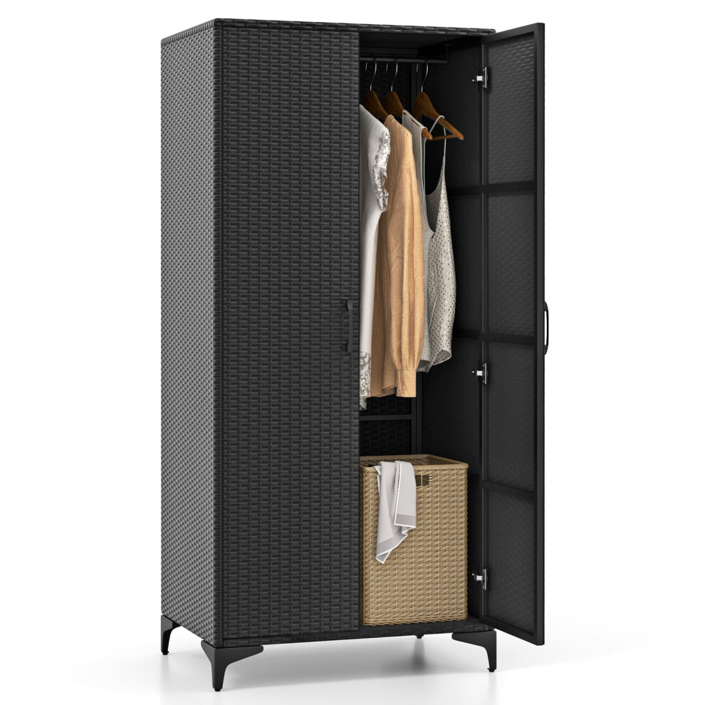 Wicker Wardrobe PE Rattan Wardrobe Armoire Closet w/ Hanging Rod-Black